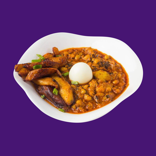 Bean Stew with Fried Plantain or Fried Yam, Boiled Egg