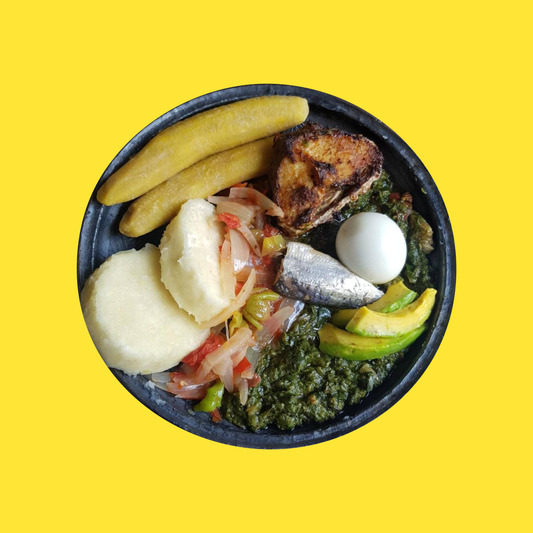 Spinach Stew with Fish, White Yam, Cooked Plantain